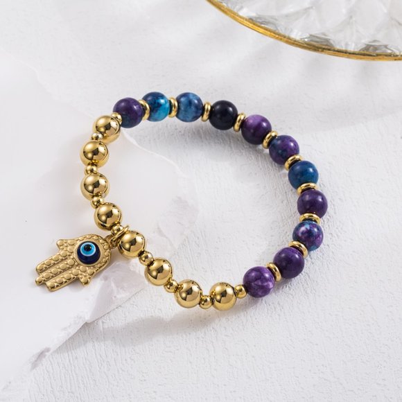 3/$35 18K Gold Plated Bracelet Evil Eye Palm Hand Purple Bead Stainless Steel - Picture 7 of 7